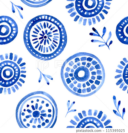 seamless pattern of blue ethnic patterns, circles and spirals. abstract print 115395025