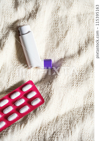 Asthma inhaler and antihistamine pills to prevent seasonal allergies.. Asthma inhaler and antihistamine pills to prevent seasonal allergies.. 115395163