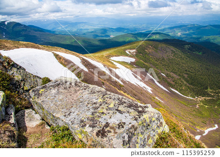 Landscape with Mount Hoverla hanging peak of the Ukrainian Carpathians against the background of the sky and clouds Landscape with Mount Hoverla hanging peak of the Ukrainian Carpathians against the background of the sky and clouds 115395259