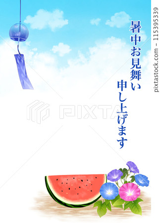 夏天的問候西瓜、牽牛花、風鈴和雷雲垂直 115395339