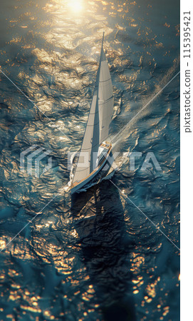 A lone sailboat sailing on a shimmering sea. Aerial view of sailboat 115395421