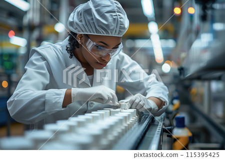 A factory worker inspecting finished products on a quality control line 115395425
