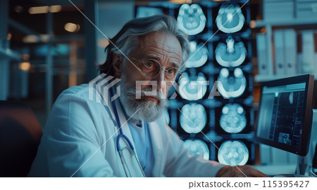 A senior neurologist doctor examining the result of a brain CT scan A senior neurologist doctor examining the result of a brain CT scan 115395427