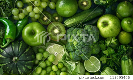 Assortment of different green fruit and vegetable. 115395466