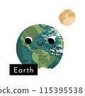 Earth with Moon. Cute kawaii planet character with smiling face. Funny celestial body. Solar system. Astronomy for kids. Vector flat cartoon illustration 115395538