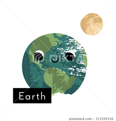Earth with Moon. Cute kawaii planet character with smiling face. Funny celestial body. Solar system. Astronomy for kids. Vector flat cartoon illustration 115395538