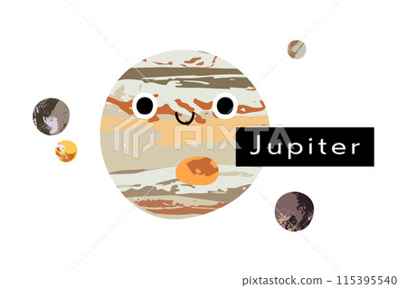 Jupiter. Galilean moons: Io, Europa, Ganymede, Callisto. Cute kawaii planet character with smiling face. Funny celestial body. Solar system. Astronomy for kids. Vector flat cartoon illustration 115395540