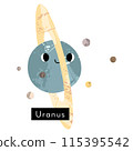 Uranus. Cute kawaii planet character with smiling face. Funny celestial body. Solar system. Astronomy for kids. Vector flat cartoon illustration 115395542