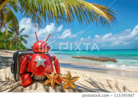 Ai generated Happy robot tourist resting and relaxing with his suitcase sitting in the seashore Ai generated Happy robot tourist resting and relaxing with his suitcase sitting in the seashore 115395987