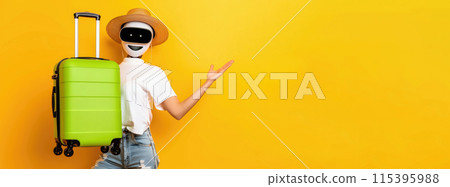 Ai generated Happy funny girl tourist with robot head with green suitcase and going on a summer holiday trip 115395988