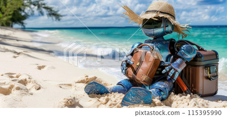 Ai generated Happy robot tourist resting and relaxing with his suitcase sitting in the seashore in beach hat Ai generated Happy robot tourist resting and relaxing with his suitcase sitting in the seashore in beach hat 115395990