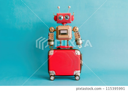 Ai generated Robot tourist standing with his red suitcase and going on a summer holiday trip 115395991