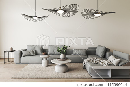 Minimalist living room with stylish furniture and lighting for an elegant and cozy space 115396044