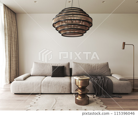 Chic living space with modern design, elegant sofa, stylish lighting, trendy atmosphere Chic living space with modern design, elegant sofa, stylish lighting, trendy atmosphere 115396046