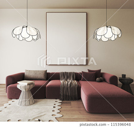 Modern, cozy living room with pendant lights, comfortable sofa in chic contemporary interior design 115396048