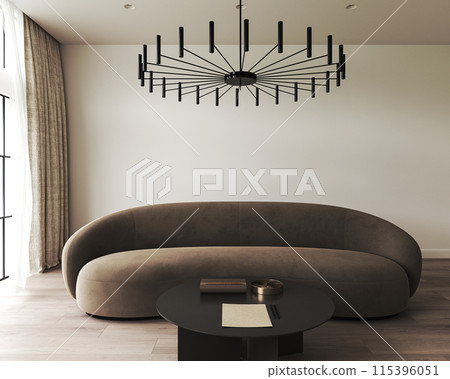 Modern minimalist living room with stylish lighting and comfortable sofa, creating chic atmosphere 115396051