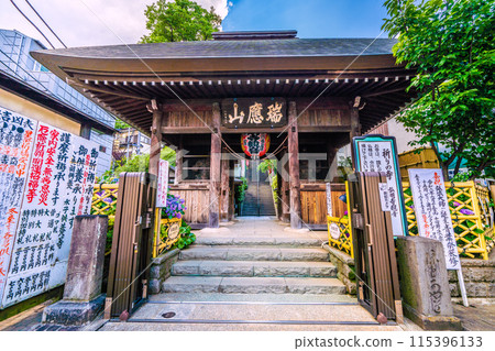 日本橫濱市六月的城市景觀。過了古名寺站前的商店街就到了。求名寺等景觀 日本橫濱市六月的城市景觀。過了古名寺站前的商店街就到了。求名寺等景觀 115396133