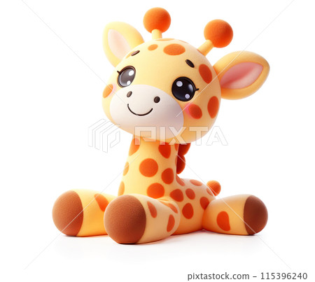 3d illustration of a cheerful giraffe isolated on white background, plush toy 3d illustration of a cheerful giraffe isolated on white background, plush toy 115396240