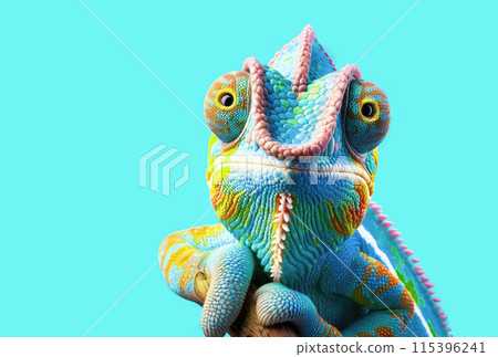 Close-up portrait of a chameleon looking at the camera on a blue background 115396241