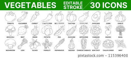 Vegetables and greens, vector minimal line icon set. Editable stroke. Vegetable icon set. Outline icons collection of veggies. Concept of farming, vegetarian food, proper nutrition, harvesting Vegetables and greens, vector minimal line icon set. Editable stroke. Vegetable icon set. Outline icons collection of veggies. Concept of farming, vegetarian food, proper nutrition, harvesting 115396408