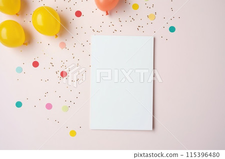Ai generated Birthday party template with empty paper card and colorful balloons top view 115396480