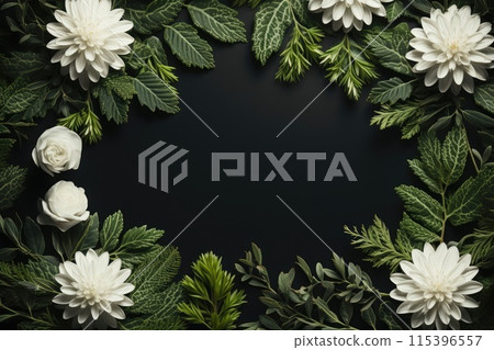 Ai generated Top view of white flowers with green leaves on dark black background Ai generated Top view of white flowers with green leaves on dark black background 115396557