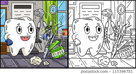 Dental Care Tooth with Tools Coloring Illustration 115396781