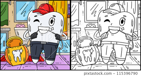 Dental Care Tooth and Floss Coloring Illustration 115396790