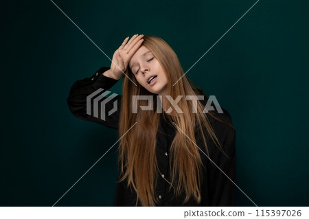 Woman With Long Red Hair Covering Her Eyes 115397026