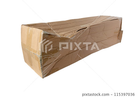 Damaged brown cardboard mailing box isolated on white. 115397036