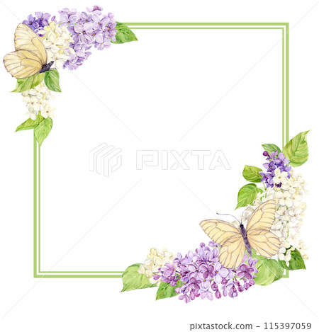 Romantic square frame made of lilac with white butterflies. Card for Mother's Day, Valentine's Day, wedding. Save the date. Template with place for text from spring flowers on a transparent background 115397059