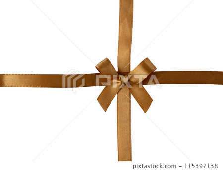 Golden textile ribbon bow isolated on white 115397138
