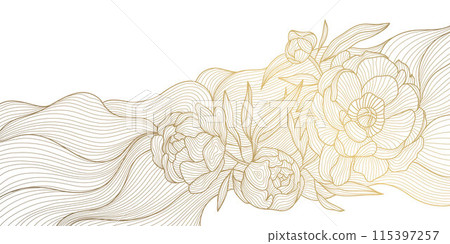 Vector gold on white floral pattern, elegant chinese rose background, vintage flower illustration, wave. Line oriental blossom design, wedding graphic. Vector gold on white floral pattern, elegant chinese rose background, vintage flower illustration, wave. Line oriental blossom design, wedding graphic. 115397257