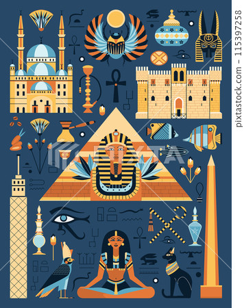 Travel Egypt Poster with Landmarks and Symbols 115397258
