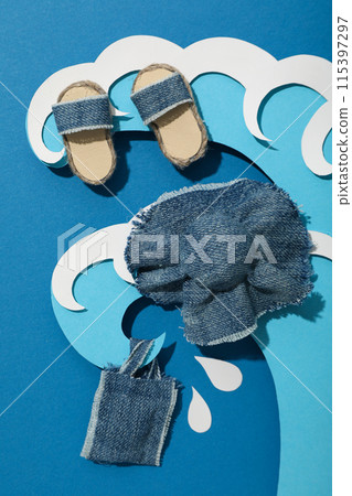 Waves with accessories for summer vacation on the beach. Waves with accessories for summer vacation on the beach. 115397297