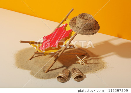 Swimsuit and other accessories for a summer trip to the sea. 115397299