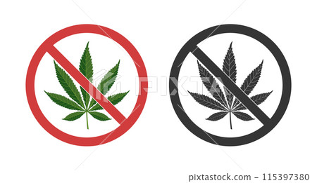 No drug symbols. Prohibition signs with cannabis leaf. Marijuana leaves. Illustration No drug symbols. Prohibition signs with cannabis leaf. Marijuana leaves. Illustration 115397380