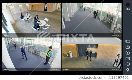 Security camera quad monitor screen interface 115397401