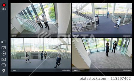 Security camera quad monitor screen interface 115397402
