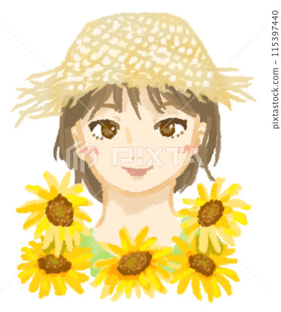 Sunflower field and woman wearing straw hat 115397440