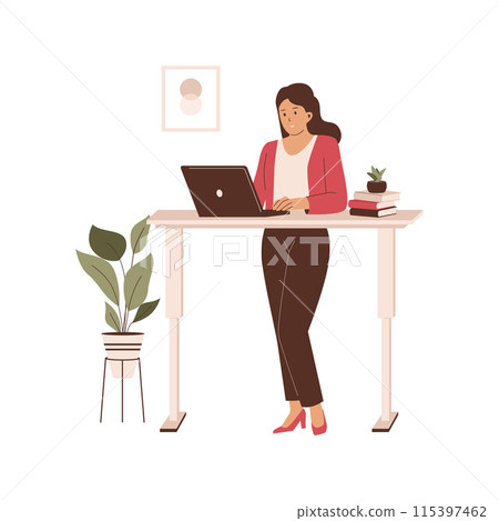 Woman work while standing at work desks Woman work while standing at work desks 115397462