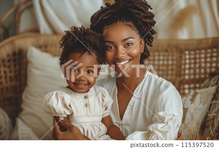 Happy Mother and Daughter Posing Together on a Couch 115397520