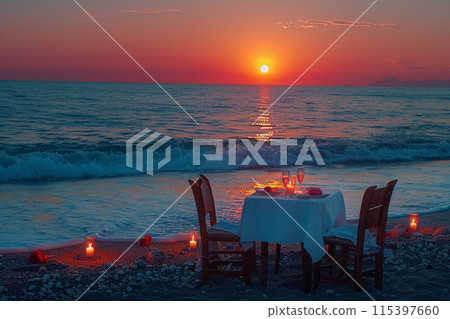Romantic Beachside Dinner Under a Sunset Sky With Lanterns and Ocean Views 115397660