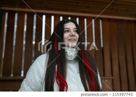 Woman With Long Hair Wearing White Jacket 115397743
