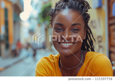 Smiling Woman With Curly Hair On A Sunny Day 115397758