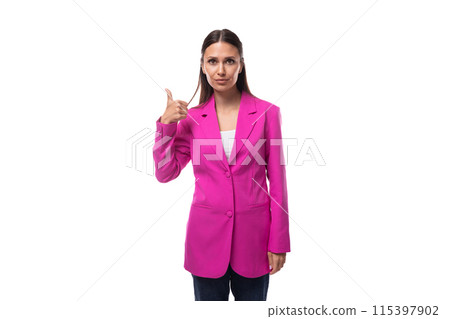 young successful slim brunette secretary woman wearing a lilac jacket on a white background 115397902