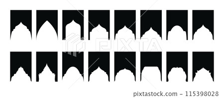 Arabic shapes windows and arches traditional ornament. Set of Islamic shape window frame in retro boho color. Vector 115398028