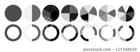 Segment infographic. Pie chart icons. 2,3,6,10,20 circle section graph. Wheel round diagram part symbol. Vector 115398030