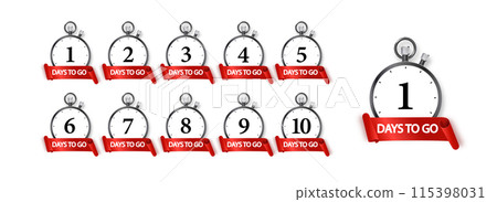 1 days to go icon set. Countdown of days remaining. Offer timer sticker limited to a few days. Vector 115398031