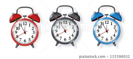 Black alarm clock on white background. Morning, reminder. Vector metal vintage ringing alarm clock on bright white background. Vector 115398032